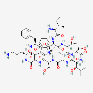 B608168 (2S,3S)-2-amino-N-[(3S,6R,9E,12R,15E,18R,21R,24S,27R,28S)-6-(3-aminopropyl)-3-benzyl-15-ethylidene-24-[(1R)-1-hydroxyethyl]-9-[hydroxy(1H-indol-3-yl)methylidene]-12,21-bis(hydroxymethyl)-18-[(1R)-1-hydroxy-2-methylpropyl]-2,5,8,11,14,17,20,23,26-nonaoxo-28-propan-2-yl-1-oxa-4,7,10,13,16,19,22,25-octazacyclooctacos-27-yl]-3-methylpentanamide CAS No. 131086-53-8