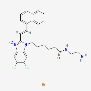 molecular formula C28H31BrCl2N4O B608176 N-(2-aminoethyl)-6-[5,6-dichloro-3-methyl-2-[(E)-2-naphthalen-1-ylethenyl]benzimidazol-3-ium-1-yl]hexanamide;bromide CAS No. 1036271-54-1