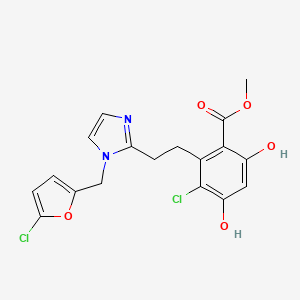 molecular formula C18H16Cl2N2O5 B608398 Methyl 3-Chloro-2-(2-{1-[(5-Chlorofuran-2-Yl)methyl]-1h-Imidazol-2-Yl}ethyl)-4,6-Dihydroxybenzoate CAS No. 1887033-00-2