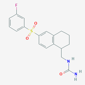 molecular formula C18H19FN2O3S B608448 Urea, N-[[(1R)-6-[(3-fluorophenyl)sulfonyl]-1,2,3,4-tetrahydro-1-naphthalenyl]methyl]-;Urea, N-[[(1R)-6-[(3-fluorophenyl)sulfonyl]-1,2,3,4-tetrahydro-1-naphthalenyl]methyl]- CAS No. 1000308-25-7