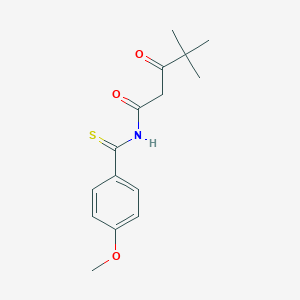 molecular formula C15H19NO3S B060850 Pentanamide, 4,4-dimethyl-N-((4-methoxyphenyl)thioxomethyl)-3-oxo- CAS No. 178408-09-8