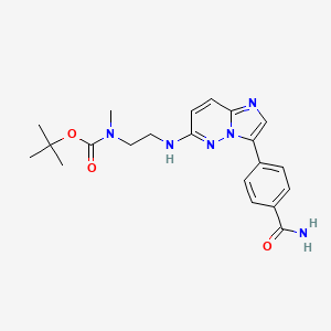 molecular formula C21H26N6O3 B608647 叔丁基(2-((3-(4-氨基甲酰苯基)咪唑并[1,2-b]哒嗪-6-基)氨基)乙基)(甲基)氨基甲酸酯 CAS No. 1454808-95-7