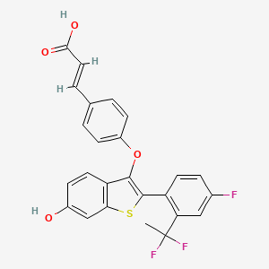 molecular formula C25H17F3O4S B608664 (E)-3-(4-((2-(2-(1,1-difluoroethyl)-4-fluorophenyl)-6-hydroxybenzo[b]thiophen-3-yl)oxy)phenyl)acrylic acid CAS No. 2135600-76-7