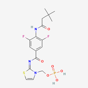 molecular formula C17H20F2N3O6PS B608669 4-[(3,3-Dimethyl-1-oxobutyl)amino]-3,5-difluoro-N-[3-[(phosphonooxy)methyl]-2(3H)-thiazolylidene]benzamide CAS No. 913842-25-8
