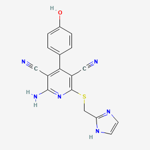 molecular formula C17H12N6OS B608679 2-(((1H-Imidazol-2-yl)methyl)thio)-6-amino-4-(4-hydroxyphenyl)pyridine-3,5-dicarbonitrile CAS No. 333962-91-7