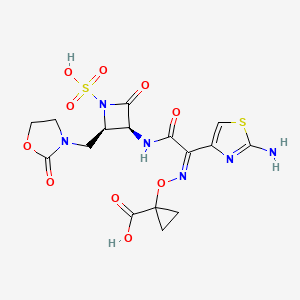 molecular formula C16H18N6O10S2 B608765 环丙烷羧酸，1-(((Z)-(1-(2-氨基-4-噻唑基)-2-氧代-2-(((3S,4R)-2-氧代-4-((2-氧代-3-恶唑烷基)甲基)-1-磺基-3-氮杂环丁基)氨基)乙叉基)氨基)氧基)- CAS No. 1810051-96-7