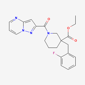 molecular formula C22H23FN4O3 B6087732 Ethyl 3-[(2-fluorophenyl)methyl]-1-(pyrazolo[1,5-a]pyrimidine-2-carbonyl)piperidine-3-carboxylate 