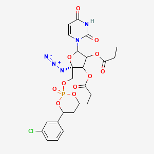 molecular formula C24H27ClN5O11P B608865 Uridine, 4'-C-azido-5'-O-[4-(3-chlorophenyl)-2-oxido-1,3,2-dioxaphosphorinan-2-yl]-, 2',3'-dipropanoate CAS No. 1159183-97-7