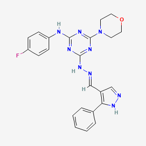molecular formula C23H22FN9O B6091179 N-(4-FLUOROPHENYL)-4-(MORPHOLIN-4-YL)-6-[(2E)-2-[(3-PHENYL-1H-PYRAZOL-4-YL)METHYLIDENE]HYDRAZIN-1-YL]-1,3,5-TRIAZIN-2-AMINE 