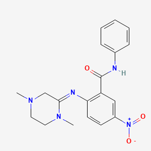 molecular formula C19H21N5O3 B609144 (E)-2-((1,4-dimethylpiperazin-2-ylidene)-amino)-5-nitro-n-phenylbenzamide CAS No. 1613465-33-0