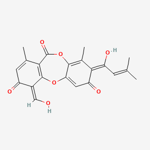 molecular formula C21H18O7 B609214 11H-Dibenzo(b,E)(1,4)dioxepin-4-carboxaldehyde, 3,7-dihydroxy-1,9-dimethyl-8-(3-methyl-1-oxo-2-buten-1-yl)-11-oxo- CAS No. 1179374-63-0
