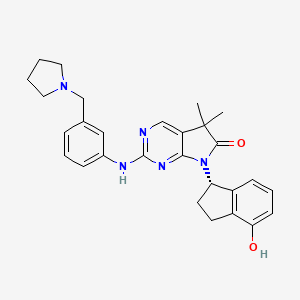 molecular formula C18H19N3O4S B609327 7-[(1S)-4-羟基-2,3-二氢-1H-茚-1-基]-5,5-二甲基-2-({3-[(吡咯烷-1-基)甲基]苯基}氨基)-5,7-二氢-6H-吡咯并[2,3-d]嘧啶-6-酮 CAS No. 1456858-57-3