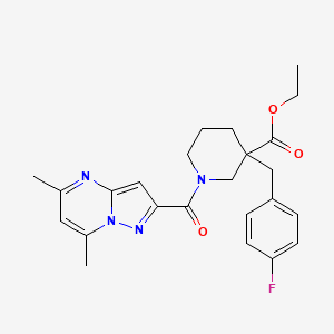 molecular formula C24H27FN4O3 B6095088 ethyl 1-[(5,7-dimethylpyrazolo[1,5-a]pyrimidin-2-yl)carbonyl]-3-(4-fluorobenzyl)-3-piperidinecarboxylate 