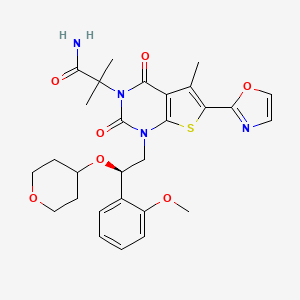 2-[1-[(2~{r})-2-(2-Methoxyphenyl)-2-(Oxan-4-Yloxy)ethyl]-5-Methyl-6-(1,3-Oxazol-2-Yl)-2,4-Bis(Oxidanylidene)thieno[2,3-D]pyrimidin-3-Yl]-2-Methyl-Propanamide