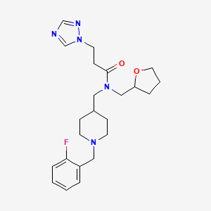molecular formula C23H32FN5O2 B6095474 N-{[1-(2-fluorobenzyl)-4-piperidinyl]methyl}-N-(tetrahydro-2-furanylmethyl)-3-(1H-1,2,4-triazol-1-yl)propanamide 