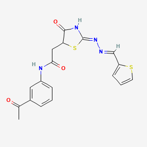 molecular formula C18H16N4O3S2 B6095937 N-(3-acetylphenyl)-2-[(2Z)-4-oxo-2-[(E)-thiophen-2-ylmethylidenehydrazinylidene]-1,3-thiazolidin-5-yl]acetamide 