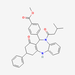 molecular formula C32H32N2O4 B6095974 methyl 4-[10-(3-methylbutanoyl)-1-oxo-3-phenyl-2,3,4,5,10,11-hexahydro-1H-dibenzo[b,e][1,4]diazepin-11-yl]benzoate 