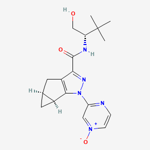 molecular formula C18H23N5O3 B609736 1H-Cyclopropa(4,5)cyclopenta(1,2-c)pyrazole-3-carboxamide, 4,4a,5,5a-tetrahydro-N-((1S)-1-(hydroxymethyl)-2,2-dimethylpropyl)-1-(4-oxido-2-pyrazinyl)-, (4aS,5aS)- CAS No. 1268881-20-4