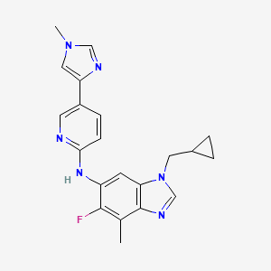molecular formula C21H21FN6 B609755 3-(环丙基甲基)-6-氟-7-甲基-N-[5-(1-甲基咪唑-4-基)吡啶-2-基]苯并咪唑-5-胺 CAS No. 1802661-73-9