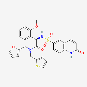 molecular formula C28H25N3O6S2 B609781 (R)-N-(furan-2-ylmethyl)-2-(2-methoxyphenyl)-2-(2-oxo-1,2-dihydroquinoline-6-sulfonamido)-N-(thiophen-2-ylmethyl)acetamide CAS No. 1681056-61-0