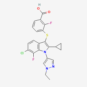 molecular formula C23H18ClF2N3O2S B609846 3-[6-Chloranyl-2-Cyclopropyl-1-(1-Ethylpyrazol-4-Yl)-7-Fluoranyl-Indol-3-Yl]sulfanyl-2-Fluoranyl-Benzoic Acid CAS No. 1782070-22-7