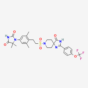 molecular formula C29H32F3N5O6S B609860 2,4-Imidazolidinedione, 1-(3,5-dimethyl-4-(2-((4-oxo-2-(4-(trifluoromethoxy)phenyl)-1,3,8-triazaspiro(4.5)dec-1-en-8-yl)sulfonyl)ethyl)phenyl)-5,5-dimethyl- CAS No. 1613373-33-3