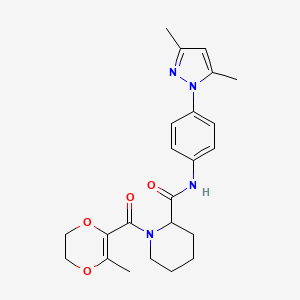 molecular formula C23H28N4O4 B6098794 N-[4-(3,5-dimethyl-1H-pyrazol-1-yl)phenyl]-1-[(3-methyl-5,6-dihydro-1,4-dioxin-2-yl)carbonyl]-2-piperidinecarboxamide 