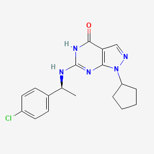 molecular formula C18H20ClN5O B609881 6-[[(1S)-1-(4-Chlorophenyl)ethyl]amino]-1-cyclopentyl-1,5-dihydro-4H-pyrazolo[3,4-d]pyrimidin-4-one CAS No. 2066488-39-7