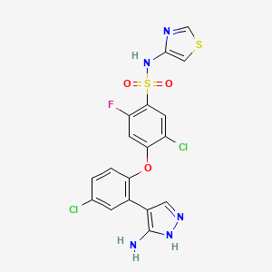 molecular formula C18H12Cl2FN5O3S2 B609952 4-[2-(5-氨基-1H-吡唑-4-基)-4-氯苯氧基]-5-氯-2-氟-N-(1,3-噻唑-4-基)苯磺酰胺 CAS No. 1235403-62-9