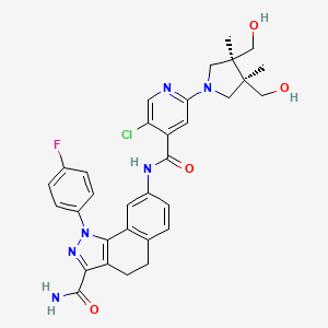 molecular formula C32H32ClFN6O4 B610022 8-[[[5-Chloro-2-[3,4-dimethyl-3,4-bis(hydroxymethyl)-1-pyrrolidinyl]-4-pyridinyl]carbonyl]amino]-1-(4-fluorophenyl)-4,5-dihydro-1H-benz[g]indazole-3-carboxamide CAS No. 1187460-81-6