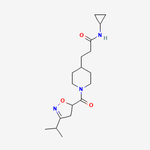 molecular formula C18H29N3O3 B6100268 N-cyclopropyl-3-[1-(3-propan-2-yl-4,5-dihydro-1,2-oxazole-5-carbonyl)piperidin-4-yl]propanamide 