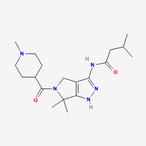molecular formula C19H31N5O2 B610080 N-(6,6-dimethyl-5-(1-methylpiperidine-4-carbonyl)-1,4,5,6-tetrahydropyrrolo[3,4-c]pyrazol-3-yl)-3-methylbutanamide CAS No. 718630-59-2