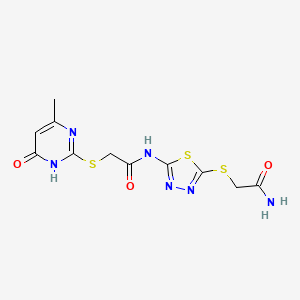 molecular formula C11H12N6O3S3 B6101605 N-{5-[(2-amino-2-oxoethyl)thio]-1,3,4-thiadiazol-2-yl}-2-[(4-hydroxy-6-methyl-2-pyrimidinyl)thio]acetamide 