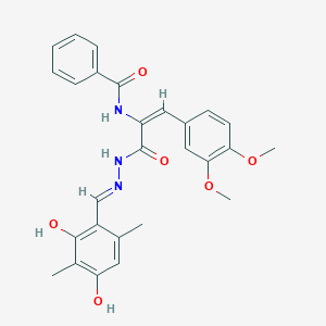 molecular formula C27H27N3O6 B6102238 N-[(E)-3-[(2E)-2-[(2,4-dihydroxy-3,6-dimethylphenyl)methylidene]hydrazinyl]-1-(3,4-dimethoxyphenyl)-3-oxoprop-1-en-2-yl]benzamide 