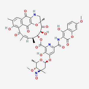 molecular formula C48H46N4O19 B610288 [(10Z,12S,13R,14S,16S)-7,14-dihydroxy-6,10,12,16-tetramethyl-2,9,15,21-tetraoxo-20-oxa-18-azatetracyclo[14.3.1.14,19.03,8]henicosa-1(19),3,5,7,10-pentaen-13-yl] 3-hydroxy-6-[(4-hydroxy-7-methoxy-2-oxochromen-3-yl)carbamoyl]-4-[(2S,4R,5S,6S)-5-methoxy-4,6-dimethyl-4-nitrosooxan-2-yl]oxypyridine-2-carboxylate CAS No. 122525-61-5