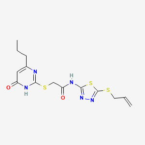 molecular formula C14H17N5O2S3 B6103127 N~1~-[5-(ALLYLSULFANYL)-1,3,4-THIADIAZOL-2-YL]-2-[(4-HYDROXY-6-PROPYL-2-PYRIMIDINYL)SULFANYL]ACETAMIDE 