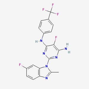 molecular formula C19H13F5N6 B610330 5-Fluoro-2-(6-fluoro-2-methyl-1H-benzo[d]imidazol-1-yl)-N4-(4-(trifluoromethyl)phenyl)pyrimidine-4,6-diamine CAS No. 1610964-64-1