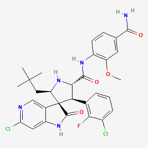 molecular formula C30H30Cl2FN5O4 B610514 (2'S,3S,3'R,5'R)-N-(4-carbamoyl-2-methoxyphenyl)-6-chloro-3'-(3-chloro-2-fluorophenyl)-5'-(2,2-dimethylpropyl)-2-oxospiro[1H-pyrrolo[3,2-c]pyridine-3,4'-pyrrolidine]-2'-carboxamide CAS No. 1360821-21-1