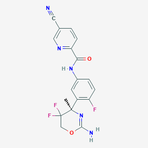 molecular formula C18H14F3N5O2 B610529 N-[3-[(4r)-2-Azanylidene-5,5-Bis(Fluoranyl)-4-Methyl-1,3-Oxazinan-4-Yl]-4-Fluoranyl-Phenyl]-5-Cyano-Pyridine-2-Carboxamide CAS No. 1310347-50-2