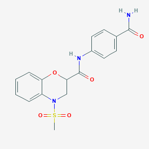 molecular formula C17H17N3O5S B6105535 N-[4-(aminocarbonyl)phenyl]-4-(methylsulfonyl)-3,4-dihydro-2H-1,4-benzoxazine-2-carboxamide 