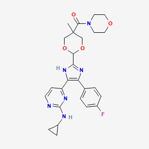 molecular formula C26H29FN6O4 B610573 [2-[5-[2-(cyclopropylamino)pyrimidin-4-yl]-4-(4-fluorophenyl)-1H-imidazol-2-yl]-5-methyl-1,3-dioxan-5-yl]-morpholin-4-ylmethanone CAS No. 218160-26-0