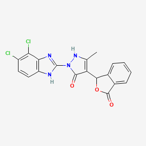 molecular formula C19H12Cl2N4O3 B610591 2-(4,5-二氯-1H-苯并咪唑-2-基)-5-甲基-4-(3-氧代-1H-2-苯并呋喃-1-基)-1H-吡唑-3-酮 CAS No. 2262452-06-0