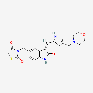 molecular formula C22H22N4O4S B610633 2,4-Thiazolidinedione, 3-((2,3-dihydro-3-((4-(4-morpholinylmethyl)-1H-pyrrol-2-yl)methylene)-2-oxo-1H-indol-5-yl)methyl)- CAS No. 1265965-22-7