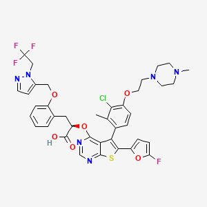 molecular formula C39H37ClF4N6O6S B610636 (2~{r})-2-[5-[3-Chloranyl-2-Methyl-4-[2-(4-Methylpiperazin-1-Yl)ethoxy]phenyl]-6-(5-Fluoranylfuran-2-Yl)thieno[2,3-D]pyrimidin-4-Yl]oxy-3-[2-[[2-[2,2,2-Tris(Fluoranyl)ethyl]pyrazol-3-Yl]methoxy]phenyl]propanoic Acid CAS No. 1799633-27-4
