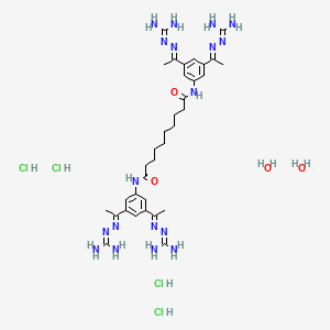 molecular formula C34H62Cl2N18O6 B610778 Decanediamide, N1,N10-bis(3,5-bis(1-(2-(aminoiminomethyl)hydrazinylidene)ethyl)phenyl)-, hydrochloride, hydrate (1:2:4) CAS No. 872830-76-7