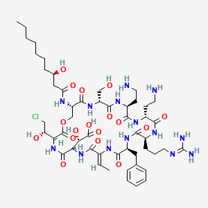 molecular formula C51H81ClN14O17 B611099 (2S)-2-[(3S,6S,9Z,12S,15S,18R,21S,24R,27S)-18,21-bis(2-aminoethyl)-12-benzyl-3-[(1S)-2-chloro-1-hydroxyethyl]-15-[3-(diaminomethylideneamino)propyl]-9-ethylidene-27-[[(3R)-3-hydroxydecanoyl]amino]-24-(hydroxymethyl)-2,5,8,11,14,17,20,23,26-nonaoxo-1-oxa-4,7,10,13,16,19,22,25-octazacyclooctacos-6-yl]-2-hydroxyacetic acid CAS No. 124629-88-5