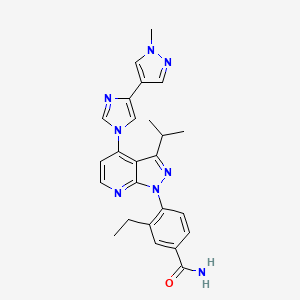 molecular formula C25H26N8O B611161 Benzamide, 3-ethyl-4-[3-(1-methylethyl)-4-[4-(1-methyl-1H-pyrazol-4-yl)-1H-imidazol-1-yl]-1H-pyrazolo[3,4-b]pyridin-1-yl]- CAS No. 1260533-36-5