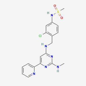 molecular formula C18H19ClN6O2S B611246 N-(3-Chloro-4-(((2-(methylamino)-6-(pyridin-2-yl)pyrimidin-4-yl)amino)methyl)phenyl)methanesulfonamide CAS No. 1621175-65-2