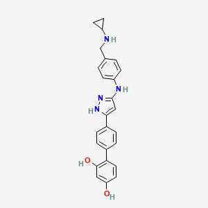 molecular formula C25H24N4O2 B611261 4'-[5-[[3-[(Cyclopropylamino)methyl]phenyl]amino]-1h-Pyrazol-3-Yl]-[1,1'-Biphenyl]-2,4-Diol CAS No. 838823-31-7