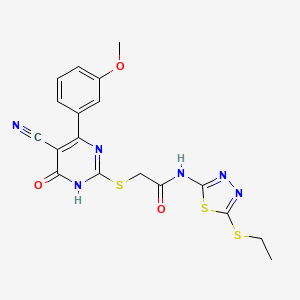 molecular formula C18H16N6O3S3 B6114044 2-{[5-CYANO-4-(3-METHOXYPHENYL)-6-OXO-1,6-DIHYDRO-2-PYRIMIDINYL]SULFANYL}-N~1~-[5-(ETHYLSULFANYL)-1,3,4-THIADIAZOL-2-YL]ACETAMIDE 